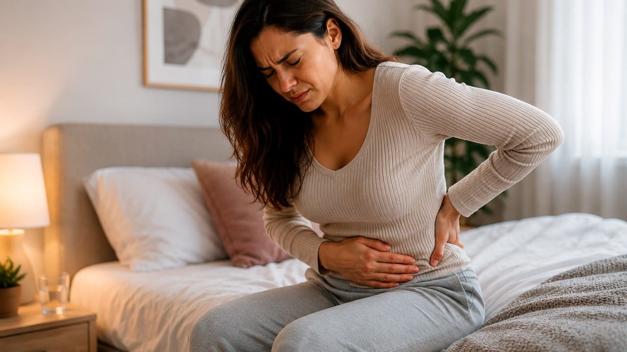 Mulher com dores pélvicas relacionadas à endometriose com necessidades de realizar um ultrassom para endometriose.