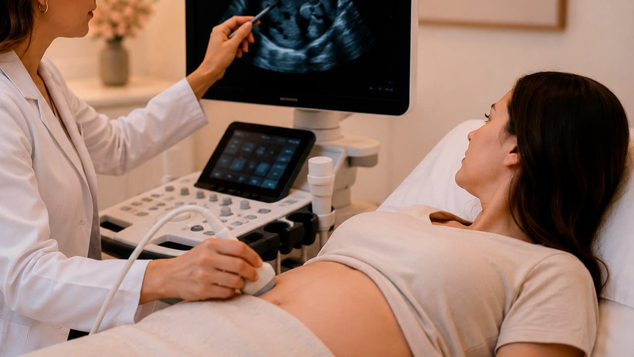 Ultrassom para endometriose sendo realizado por médica especialista em clínica de ultrassonografia feminina durante exame ginecológico detalhado.