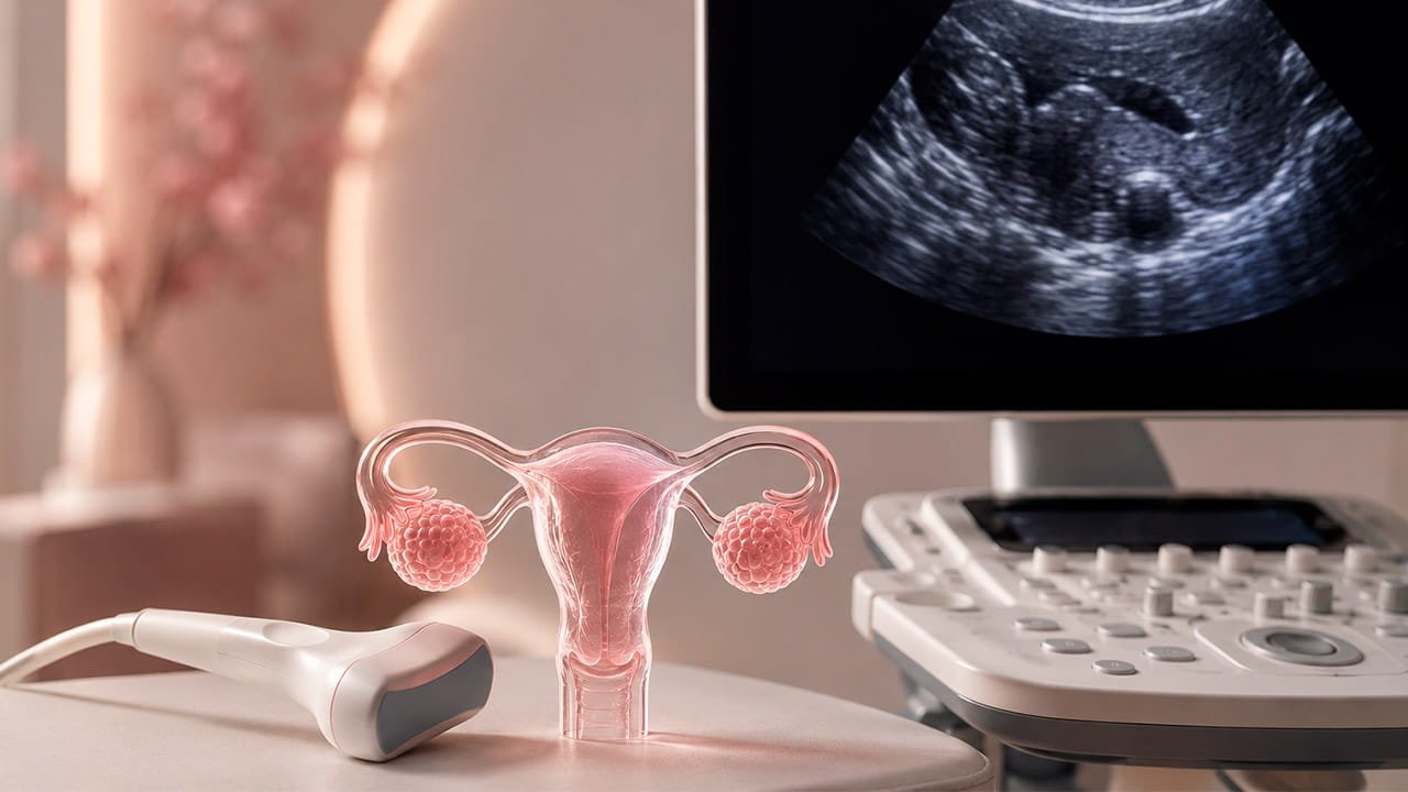Endometriose aparece no ultrassom comum equipamento de ultrassonografia ao lado de representação anatômica do sistema reprodutor feminino em ambiente clínico especializado.