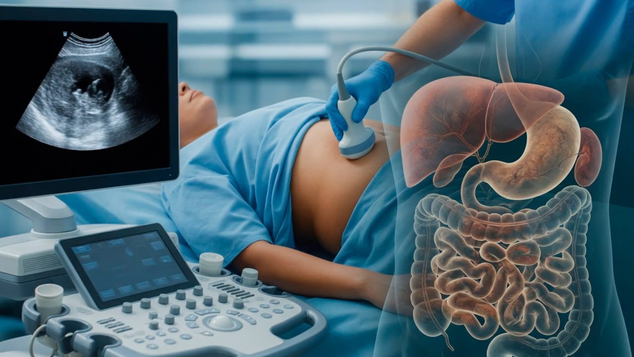 Pessoa deitada em consultório realizando exame de Ultrassom abdominal total